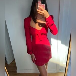 Reformation Valentine Red Sweetheart Chest Tie Mini Dress Long Sleeve US 4
